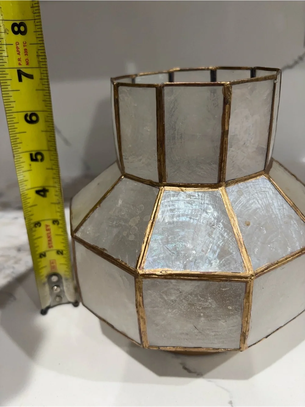 Vintage White Capiz and Gold Accent Decorative candle holder